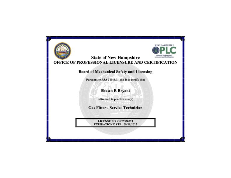 New Hampshire Gas Fitter - Service Technician License #GF25530523 - Shawn R. Bryant
