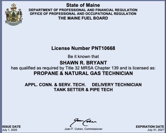 Maine Propane and Natural Gas Technician License #PNT10668 - Shawn R. Bryant
