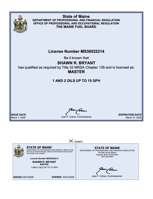 Maine Master Oil Burner License #MS30022214 - Shawn R. Bryant